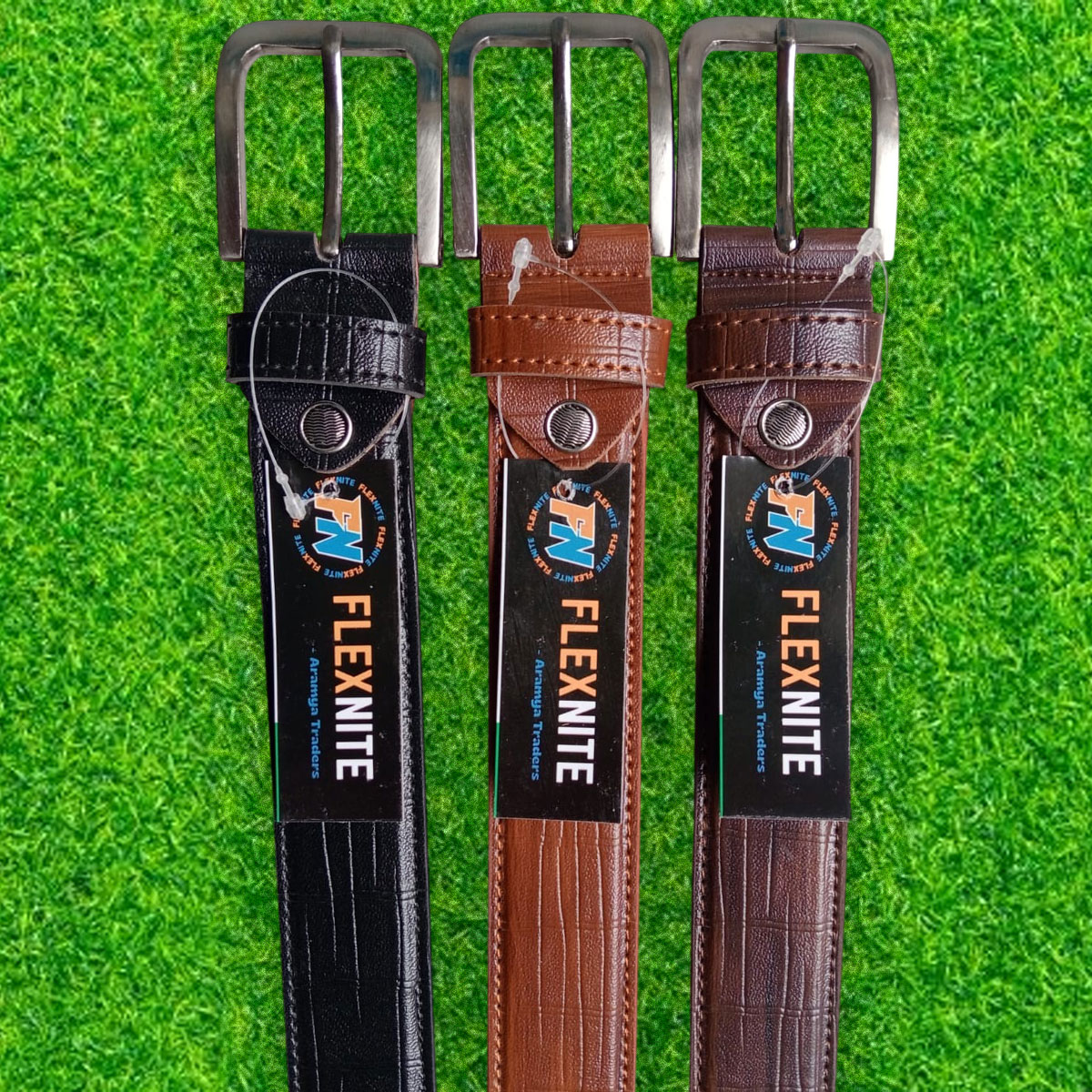 Men's rexine belt with leather-look finish manufactured by Aramya Traders for wholesale supply.